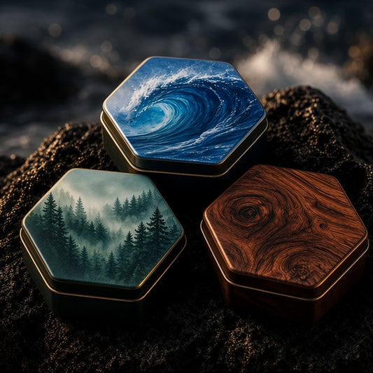 Solid Cologne Trio by KOTH, three tins on lava rock by the surf